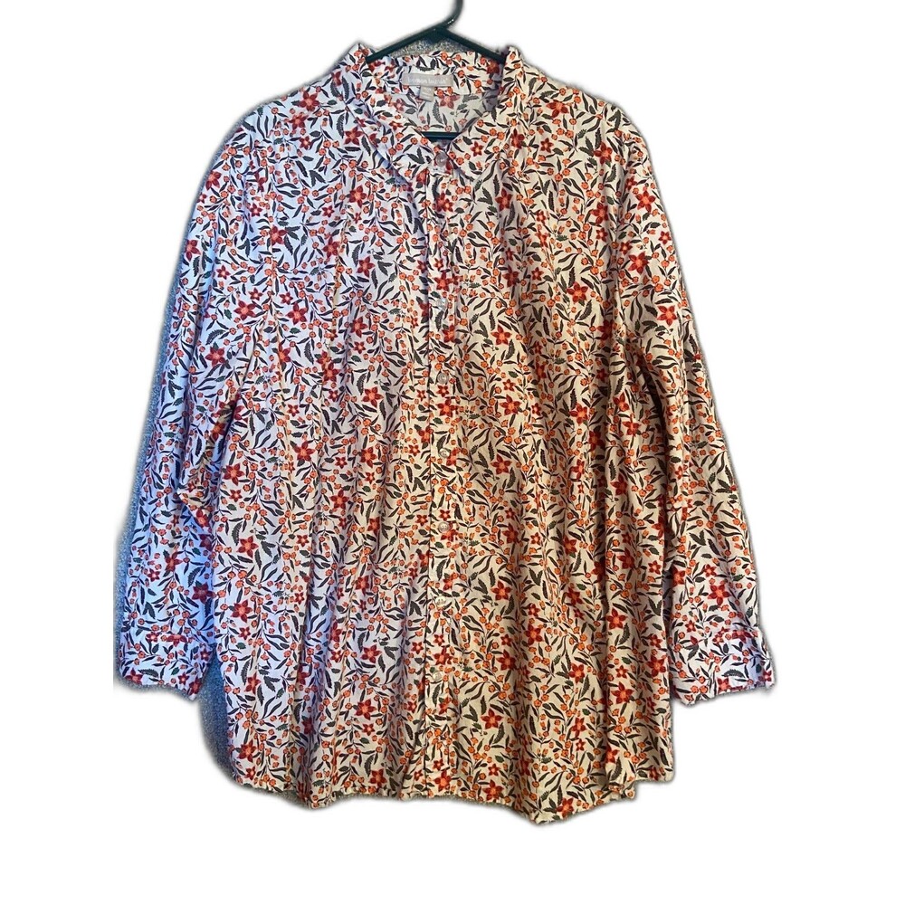 Woman Within Plus 2X Pink Floral Long Sleeved Button Up Shirt Career Capsule